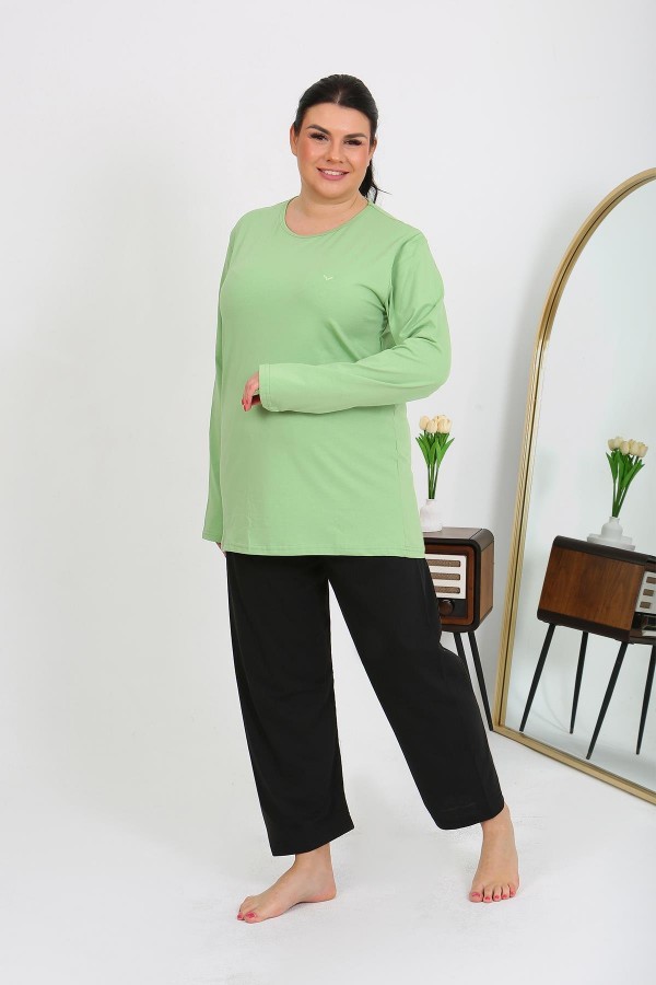 Moda Çizgi Kadın Büyük Beden Uzun Kol Penye Pijama Takımı Fıstık Yeşili 202408