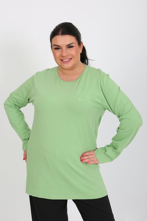 Moda Çizgi Kadın Büyük Beden Uzun Kol Penye Pijama Takımı Fıstık Yeşili 202408