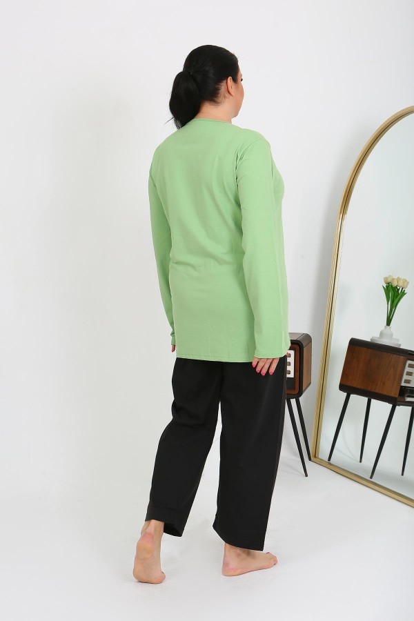 Moda Çizgi Kadın Büyük Beden Uzun Kol Penye Pijama Takımı Fıstık Yeşili 202408