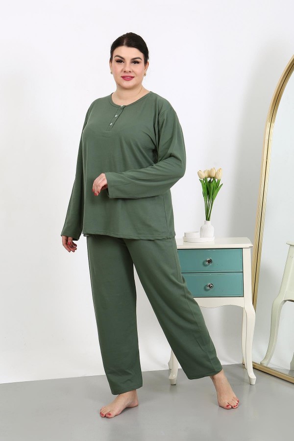 Moda Çizgi Kadın Büyük Beden Uzun Kol Penye Pijama Takımı Haki 202501