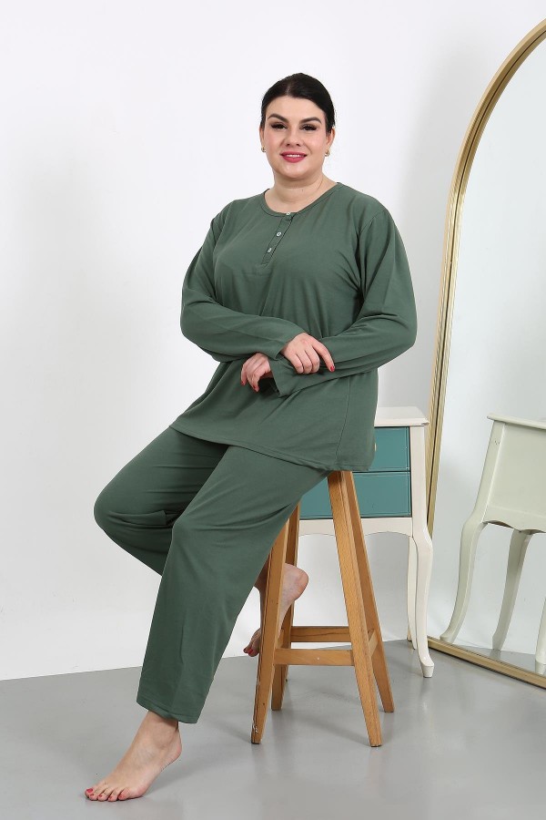 Moda Çizgi Kadın Büyük Beden Uzun Kol Penye Pijama Takımı Haki 202501