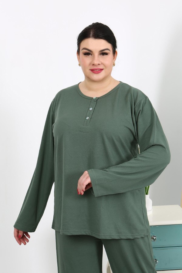 Moda Çizgi Kadın Büyük Beden Uzun Kol Penye Pijama Takımı Haki 202501