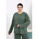 Moda Çizgi Kadın Büyük Beden Uzun Kol Penye Pijama Takımı Haki 202501