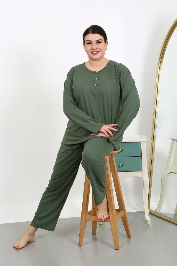 Moda Çizgi Kadın Büyük Beden Uzun Kol Penye Pijama Takımı Haki 202501