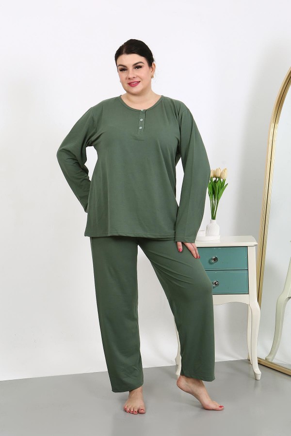 Moda Çizgi Kadın Büyük Beden Uzun Kol Penye Pijama Takımı Haki 202501