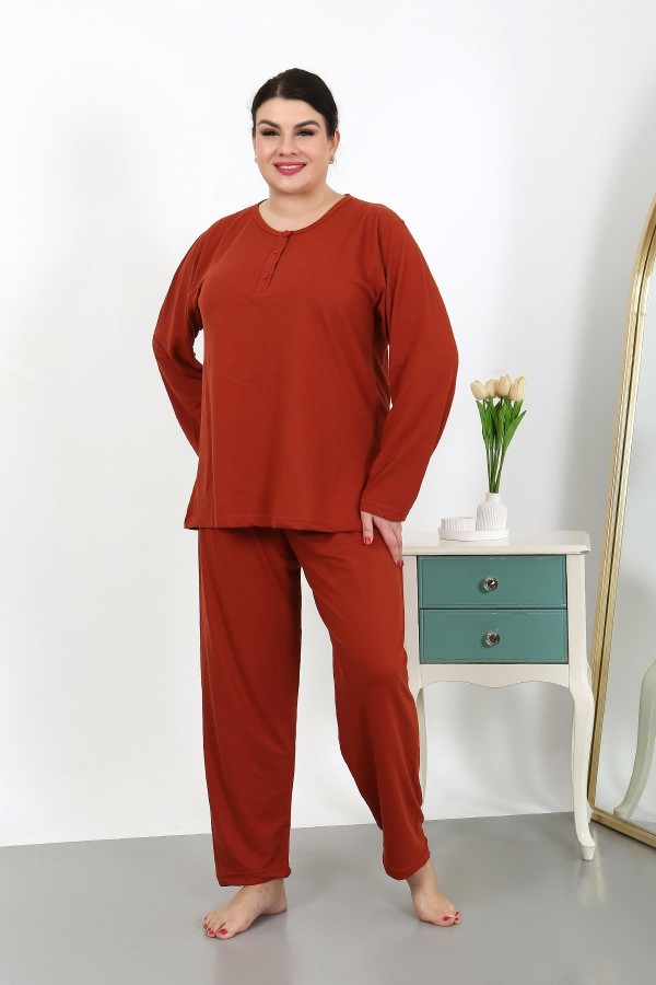 Moda Çizgi Kadın Büyük Beden Uzun Kol Penye Pijama Takımı Kiremit 202501