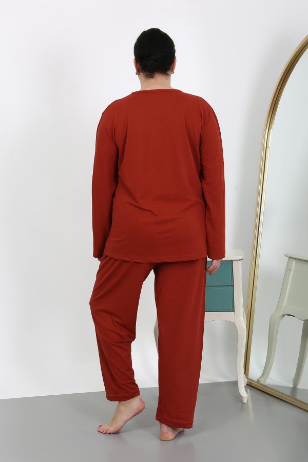 Moda Çizgi Kadın Büyük Beden Uzun Kol Penye Pijama Takımı Kiremit 202501