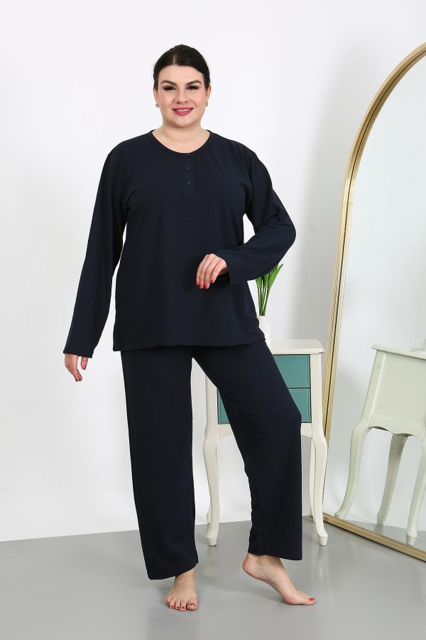 Moda Çizgi Kadın Büyük Beden Uzun Kol Penye Pijama Takımı Lacivert 202501