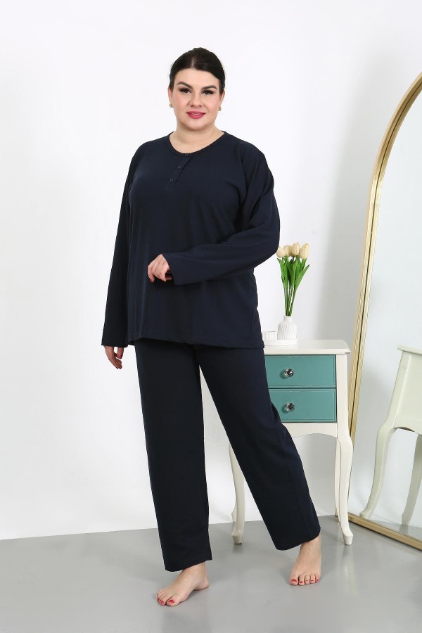 Moda Çizgi Kadın Büyük Beden Uzun Kol Penye Pijama Takımı Lacivert 202501