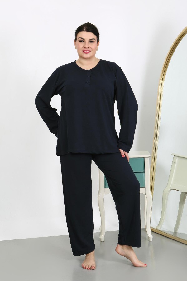 Moda Çizgi Kadın Büyük Beden Uzun Kol Penye Pijama Takımı Lacivert 202501