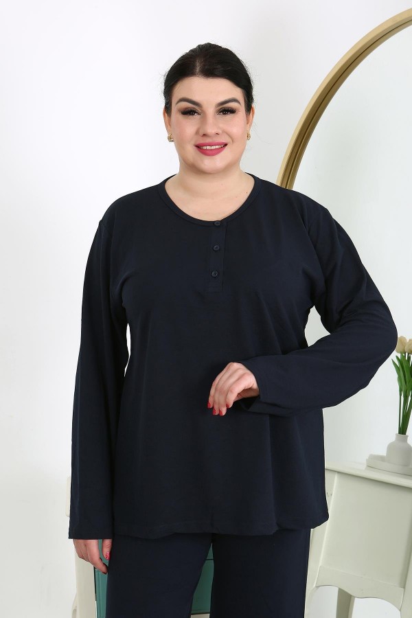 Moda Çizgi Kadın Büyük Beden Uzun Kol Penye Pijama Takımı Lacivert 202501