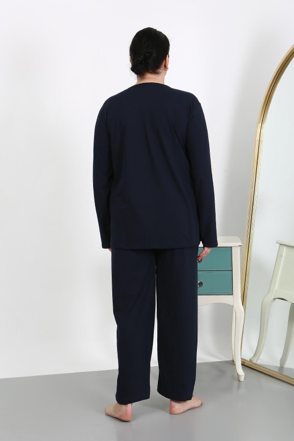 Moda Çizgi Kadın Büyük Beden Uzun Kol Penye Pijama Takımı Lacivert 202501