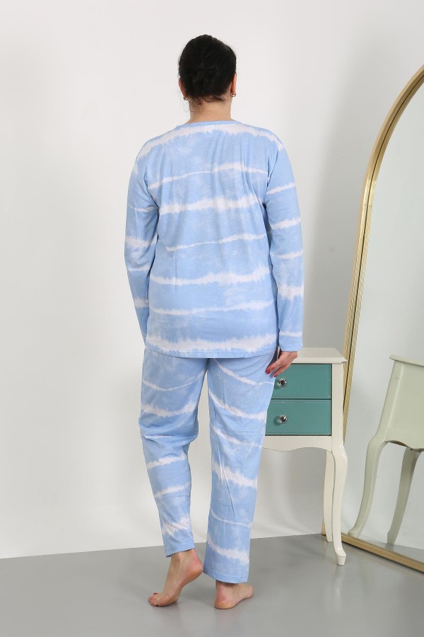 Moda Çizgi Kadın Büyük Beden Uzun Kol Penye Pijama Takımı Mavi 202502