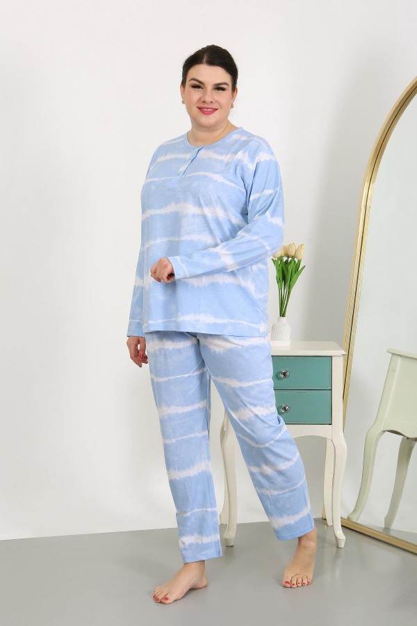 Moda Çizgi Kadın Büyük Beden Uzun Kol Penye Pijama Takımı Mavi 202502