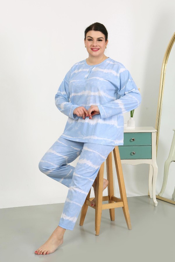 Moda Çizgi Kadın Büyük Beden Uzun Kol Penye Pijama Takımı Mavi 202502