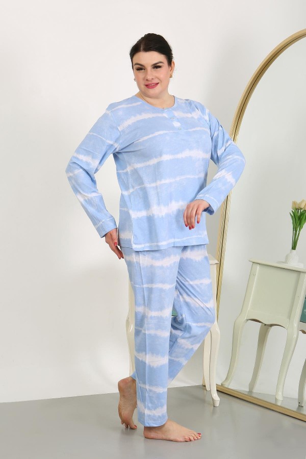 Moda Çizgi Kadın Büyük Beden Uzun Kol Penye Pijama Takımı Mavi 202502