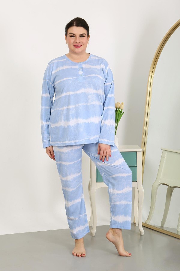 Moda Çizgi Kadın Büyük Beden Uzun Kol Penye Pijama Takımı Mavi 202502