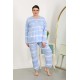 Moda Çizgi Kadın Büyük Beden Uzun Kol Penye Pijama Takımı Mavi 202502