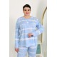 Moda Çizgi Kadın Büyük Beden Uzun Kol Penye Pijama Takımı Mavi 202502