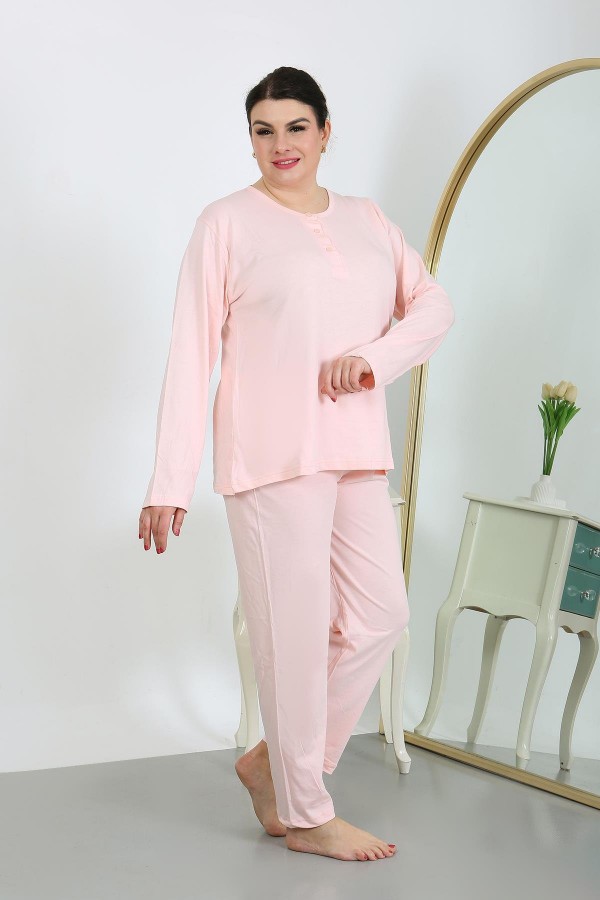 Moda Çizgi Kadın Büyük Beden Uzun Kol Penye Pijama Takımı Pembe 202501