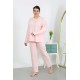 Moda Çizgi Kadın Büyük Beden Uzun Kol Penye Pijama Takımı Pembe 202501