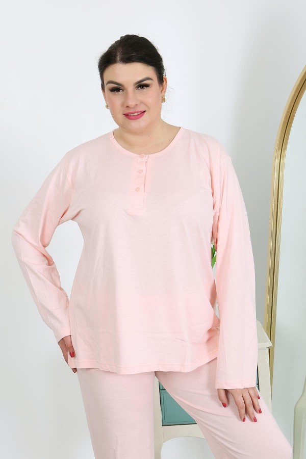 Moda Çizgi Kadın Büyük Beden Uzun Kol Penye Pijama Takımı Pembe 202501