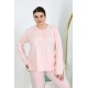 Moda Çizgi Kadın Büyük Beden Uzun Kol Penye Pijama Takımı Pembe 202501