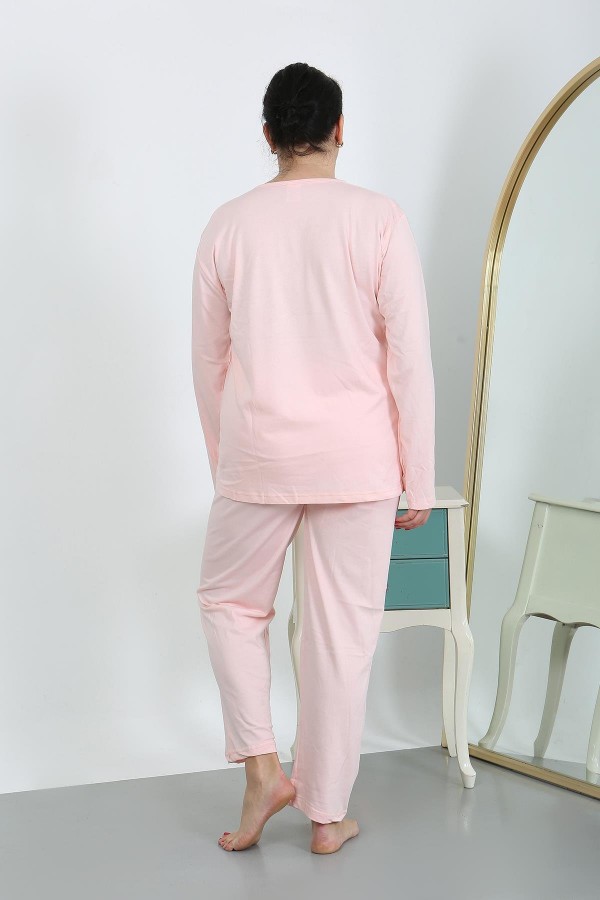 Moda Çizgi Kadın Büyük Beden Uzun Kol Penye Pijama Takımı Pembe 202501