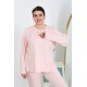 Moda Çizgi Kadın Büyük Beden Uzun Kol Penye Pijama Takımı Pembe 202501