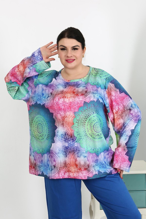 Moda Çizgi Kadın Büyük Beden Uzun Kol Penye Pijama Takımı Saks 202503