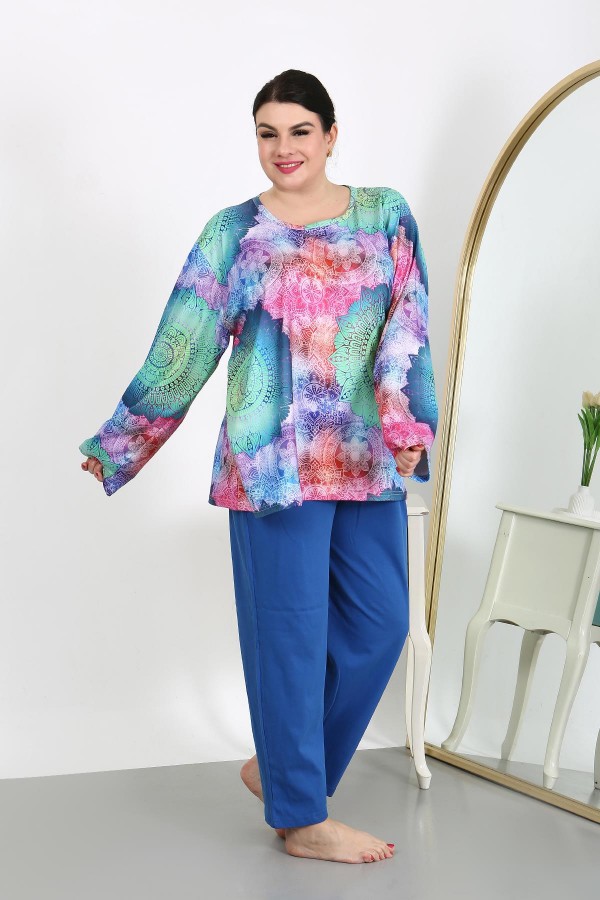 Moda Çizgi Kadın Büyük Beden Uzun Kol Penye Pijama Takımı Saks 202503