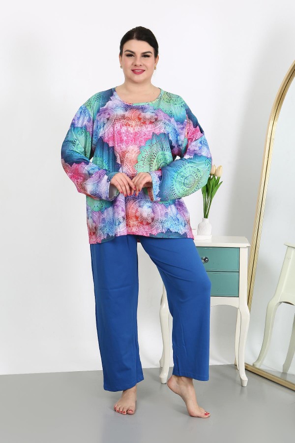 Moda Çizgi Kadın Büyük Beden Uzun Kol Penye Pijama Takımı Saks 202503