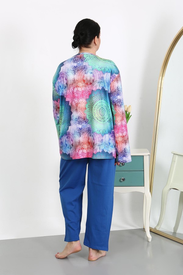 Moda Çizgi Kadın Büyük Beden Uzun Kol Penye Pijama Takımı Saks 202503