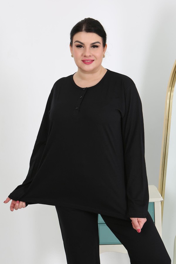 Moda Çizgi Kadın Büyük Beden Uzun Kol Penye Pijama Takımı Siyah 202501