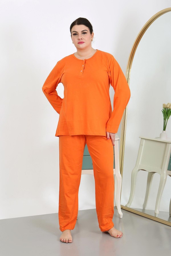 Moda Çizgi Kadın Büyük Beden Uzun Kol Penye Pijama Takımı Turuncu 202501