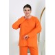 Moda Çizgi Kadın Büyük Beden Uzun Kol Penye Pijama Takımı Turuncu 202501