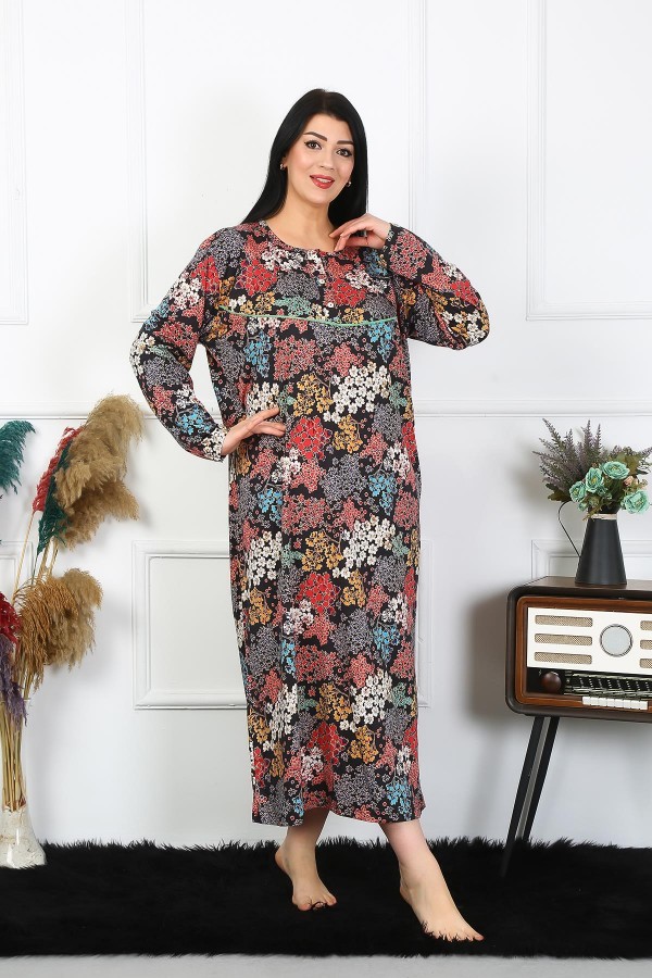 Moda Çizgi Kadın Büyük Beden Uzun Kol Siyah Anne Gecelik 1365