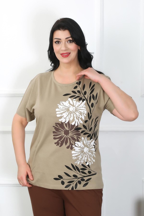 Moda Çizgi Kadın Büyük Beden Vizon Pijama Takımı 202403