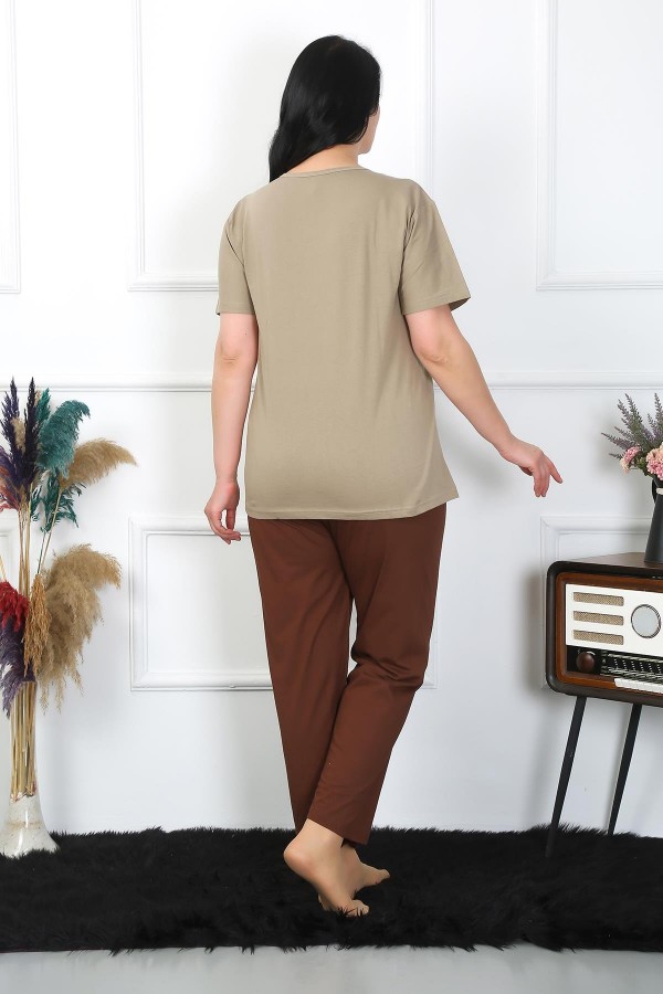 Moda Çizgi Kadın Büyük Beden Vizon Pijama Takımı 202403