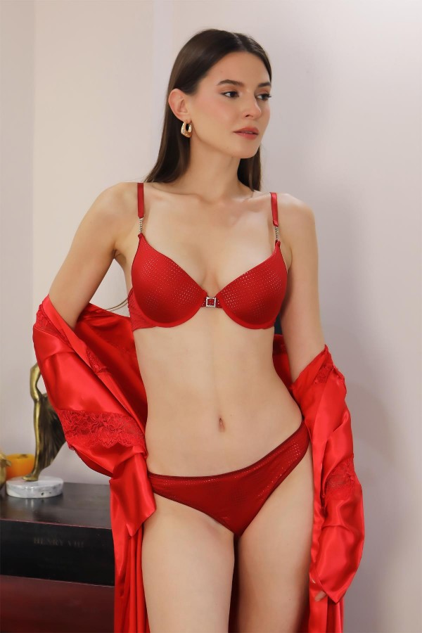 Moda Çizgi Kadın Destekli Aksesuarlı Sütyen Takım 3592 Kırmızı