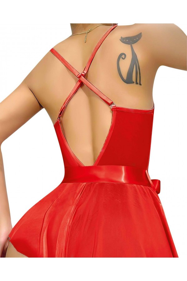 Moda Çizgi Kadın Fantezi Babydoll Dantel Gecelik T001 Kırmızı