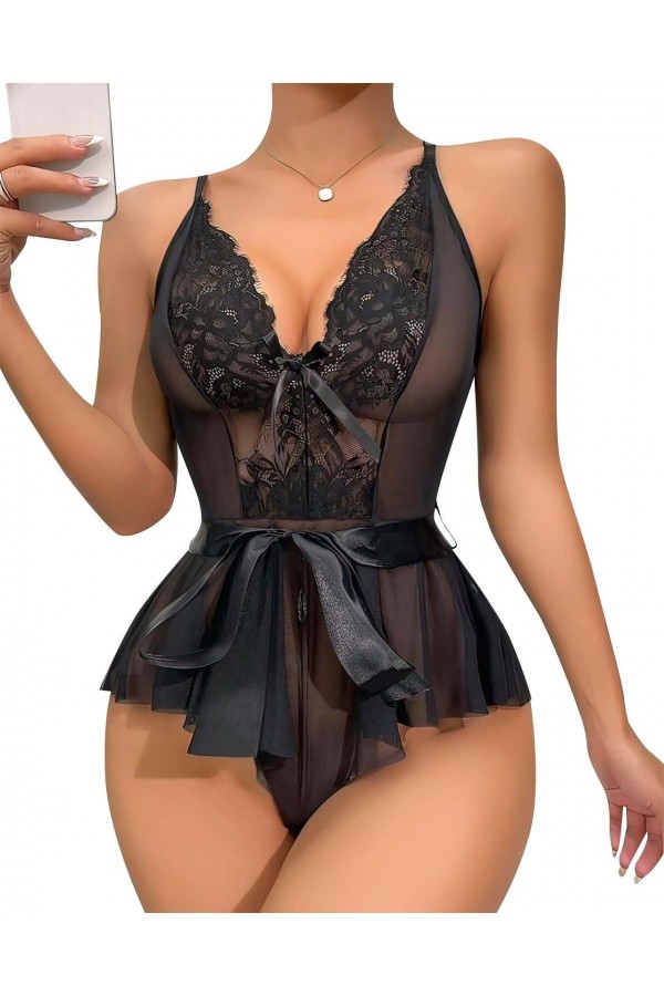 Moda Çizgi Kadın Fantezi Babydoll Dantel Gecelik T001 Siyah