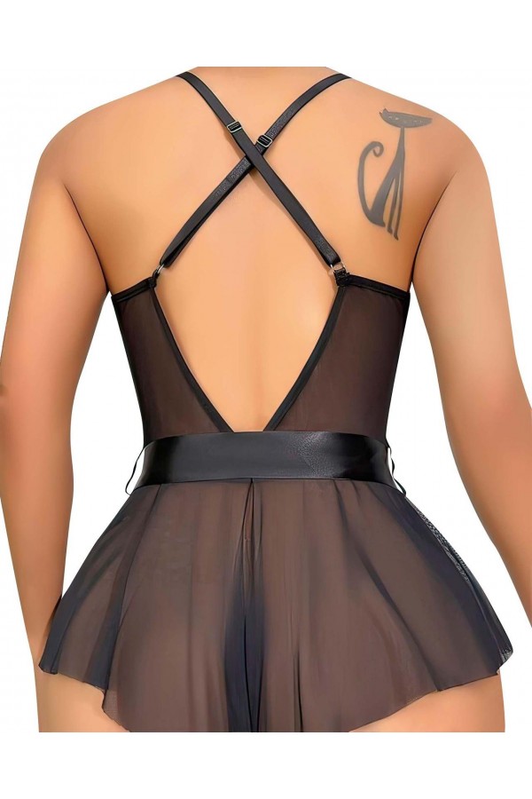 Moda Çizgi Kadın Fantezi Babydoll Dantel Gecelik T001 Siyah
