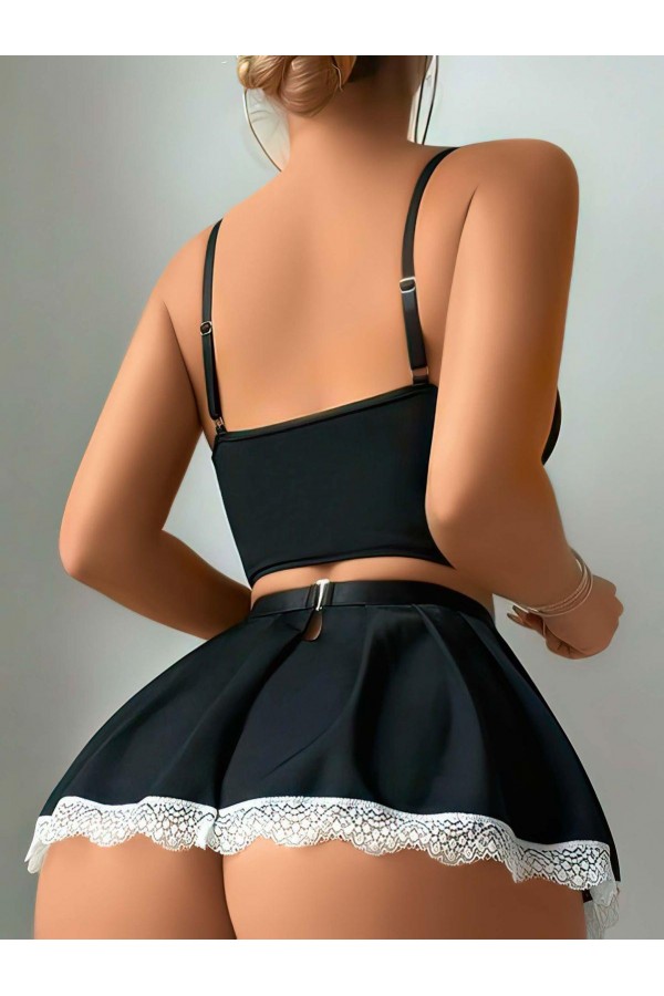 Moda Çizgi Kadın Fantezi Hizmetci Kostüm Takım Siyah K1003