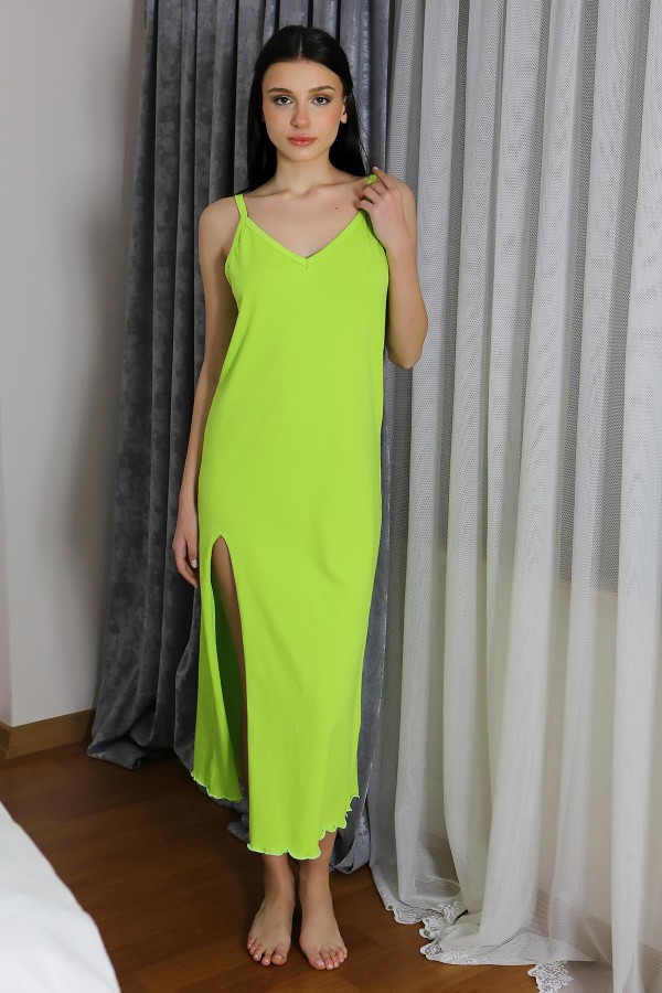 Moda Çizgi Kadın İp Askılı Uzun Yırtmaçlı Pamuk Penye Gecelik NeonYeşil 90125