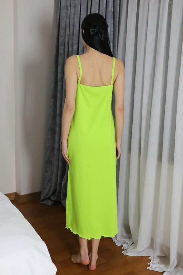 Moda Çizgi Kadın İp Askılı Uzun Yırtmaçlı Pamuk Penye Gecelik NeonYeşil 90125