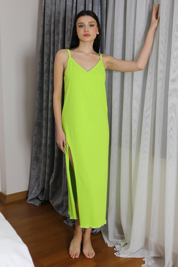 Moda Çizgi Kadın İp Askılı Uzun Yırtmaçlı Pamuk Penye Gecelik NeonYeşil 90125