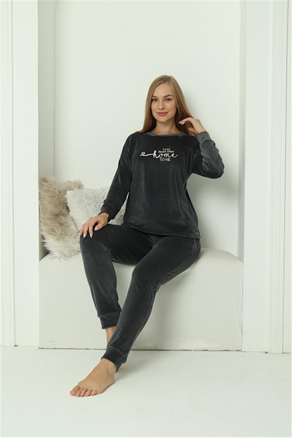 Moda Çizgi Kadın Kadife Füme Pijama Takım 20624