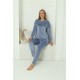 Moda Çizgi Kadın Kadife Mavi Pijama Takım 20624
