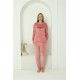 Moda Çizgi Kadın Kadife Pembe Pijama Takım 20624